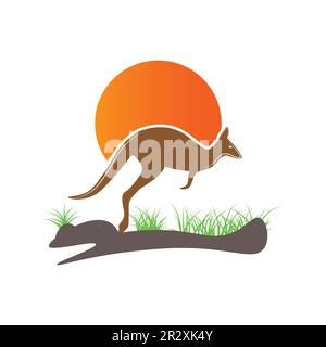 Kangaroo jumping logo template vector illustration with sun icon and running on grass. Stock Vector