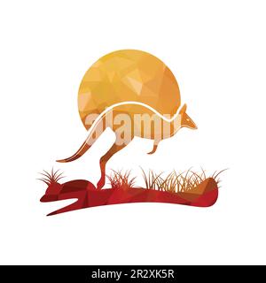 Kangaroo jumping logo template vector illustration with sun icon and running on grass golden pattern colors. Stock Vector