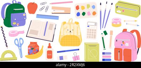 Back to school collection, accessories and stationery. Isolated children education tools, book and backpacks. Kindergarten study racy vector clipart Stock Vector
