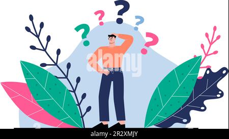 Confused man with question marks. Curious thoughtful person, doubt solution. Business guy thinking, curious student sapid vector flat concept Stock Vector