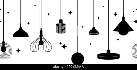 Black silhouettes lamps seamless pattern. Hanging lamp with stars, decorative abstract wall sticker. Light home decor, vector background Stock Vector