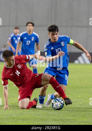 Budapest, Hungary. 21st May, 2023. Stefan Mitrovic of Serbia challenges Francesco Crapisto of Italy during the UEFA European Under-17 Championship 2023 Group B match between Serbia and Italy at Hidegkuti Nandor Stadium on May 21, 2023 in Budapest, Hungary. Credit: Laszlo Szirtesi/Alamy Live News Stock Photo