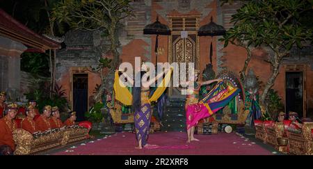 Legong ,Balinese dance. It is a refined dance form with intricate finger movements,complicated footwork, and expressive gestures and facial expression Stock Photo