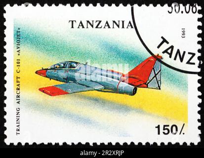 TANZANIA - CIRCA 1993: a stamp printed in Tanzania shows C-101 Aviojet, military aircraft, circa 1993 Stock Photo