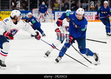 United States Cutter Gauthier reacts during the group A match between  United States and France at the ice hockey world championship in Tampere,  Finland, Sunday, May 21, 2023. (AP Photo/Pavel Golovkin Stock