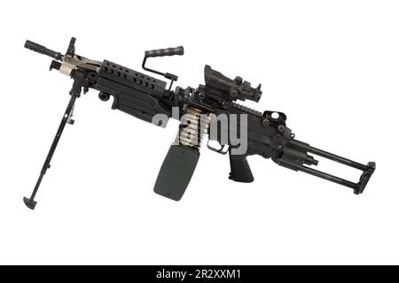M249 'Para' light machine gun SAW - Squad Automatic Weapon, widely used in the U.S. Armed Forces. Isolated on white background. Stock Photo