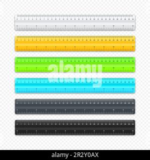 Realistic various plastic rulers with measurement scale and divisions, measure marks. School ruler, centimeter and inch scale for length measuring Stock Vector