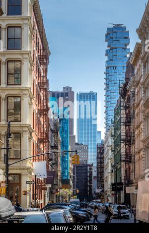 New York, USA - April 23, 2022: Photo of 56 Leonard Street or Jenga Building, a luxurious residential tower in Lower Manhattan. Stock Photo