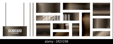 Metal banners hanging on a chain. Realistic shiny steel plate with screws. Polished rusty metal surface. Vector illustration Stock Vector