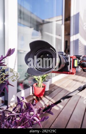 A camera mounted on a tripod with an articulated arm for shooting in different positions on a penthouse terrace with acacia wood floors and irrigation Stock Photo