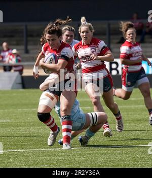 Gloucester,UK,  21 May 2023 Rachel Lund (Gloucester) is tackled  during the  Allianz Premier 15’s GloucesterHartpury v Harlequins at Kingsholm Stadium Gloucester United Kingdom on May 21 2023 Alamy Live News Final Score:  67-14 Credit: Graham Glendinning / GlennSports/Alamy Live News Stock Photo