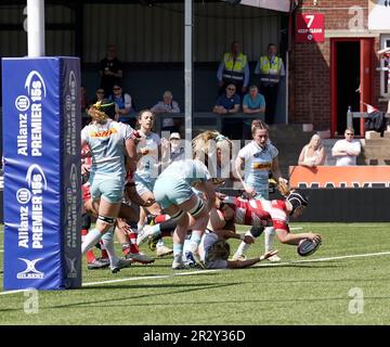 Gloucester,UK,  21 May 2023 Bethan Lewis (Gloucester) scores try  during the  Allianz Premier 15’s GloucesterHartpury v Harlequins at Kingsholm Stadium Gloucester United Kingdom on May 21 2023 Alamy Live News Final Score:  67-14 Credit: Graham Glendinning / GlennSports/Alamy Live News Stock Photo