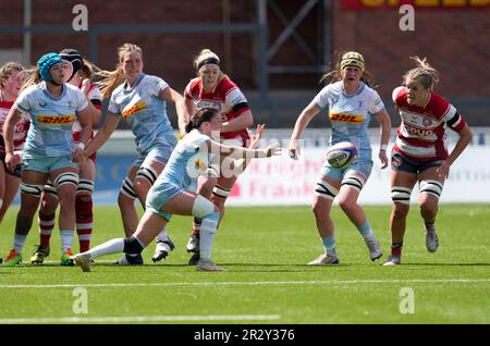 Gloucester,UK,  21 May 2023 Lucy Packer (Harlequins) passes ball  during the  Allianz Premier 15’s GloucesterHartpury v Harlequins at Kingsholm Stadium Gloucester United Kingdom on May 21 2023 Alamy Live News Final Score:  67-14 Credit: Graham Glendinning / GlennSports/Alamy Live News Stock Photo