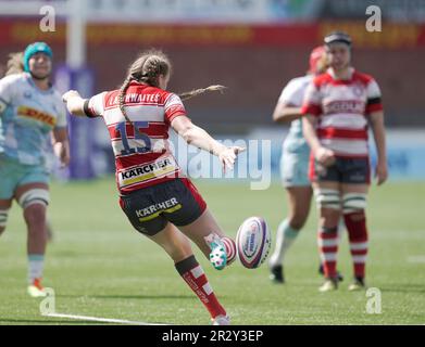 Gloucester,UK,  21 May 2023 Emma Sing (Gloucester) kicks for touch during the  Allianz Premier 15’s GloucesterHartpury v Harlequins at Kingsholm Stadium Gloucester United Kingdom on May 21 2023 Alamy Live News Final Score:  67-14 Credit: Graham Glendinning / GlennSports/Alamy Live News Stock Photo