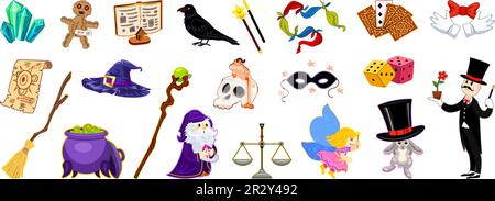 Wizard tools icons set cartoon vector. Magic wand. Stick show Stock Vector