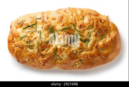 freshly baked italian flat bread focaccia with blue cheese and rosemary isolated on white background, top view Stock Photo