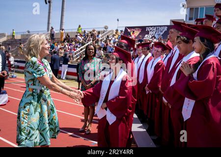 Hiroshima, Japan. 21st May, 2023. U.S. First Lady Jill Biden congratulates students during the graduation ceremony of M.C. Perry High School at Marine Corps Air Station Iwakuni, May 21, 2023 in Iwakuni, Yamaguchi Prefecture, Japan. Credit: Erin Scott/White House Photo/Alamy Live News Stock Photo