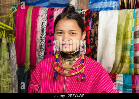 Long-necked woman, Karen tribe, Chiang Mai, Thailand Stock Photo