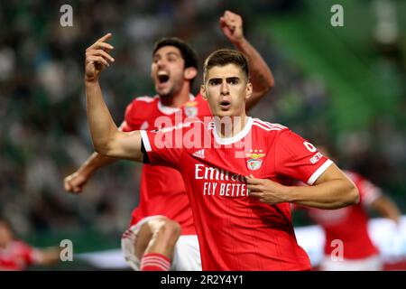 Lisbon, Portugal. 21st May, 2023. Antonio Silva of Benfica celebrates after scoring a goal during the Portuguese League football match between Sporting CP and SL Benfica at Jose Alvalade stadium in Lisbon, Portugal on May 21, 2023. (Credit Image: © Pedro Fiuza/ZUMA Press Wire) EDITORIAL USAGE ONLY! Not for Commercial USAGE! Credit: ZUMA Press, Inc./Alamy Live News Stock Photo