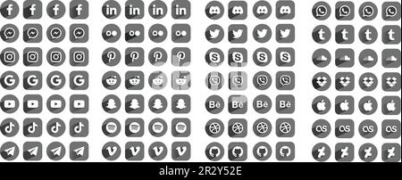 Social Media and Apps Icons Logos, Flat with Shadow, Circle, Rounded Rectangle Stock Vector