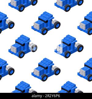 Bright pattern of blue tractors assembled from plastic blocks in isometric style for print and design. Vector illustration. Stock Vector