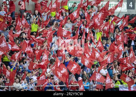 Leigh Sports Village, Manchester, UK. 21st May, 2023. Womens Super League Football, Manchester United versus Manchester City; Man Utd fans waves flags in the stands Credit: Action Plus Sports/Alamy Live News Stock Photo