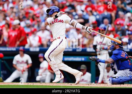 PHILADELPHIA, PA - MAY 21: Nick Castellanos #8 of the Philadelphia Phillies  reacts toward his bench after he hits a double during the game against the  Chicago Cubs at Citizens Bank Park