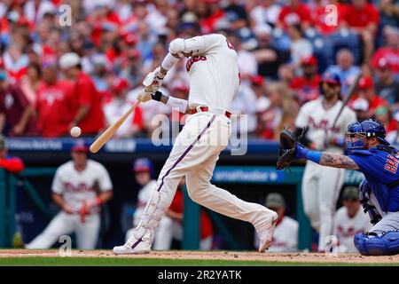 PHILADELPHIA, PA - MAY 21: Nick Castellanos #8 of the Philadelphia Phillies  reacts toward his bench after he hits a double during the game against the  Chicago Cubs at Citizens Bank Park