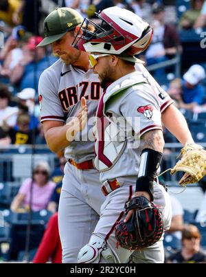 Pittsburgh, United States. 21st May, 2023. Arizona Diamondbacks relief pitcher Kevin Ginkel (37) and Arizona Diamondbacks catcher Jose Herrera (11) celebrates the Diamondbacks 8-3 win against the Pittsburgh Pirates at PNC Park on Sunday May 21, 2023 in Pittsburgh. Photo by Archie Carpenter/UPI Credit: UPI/Alamy Live News Stock Photo