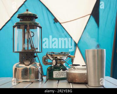 Old lamps and torches for camping. Stock Photo