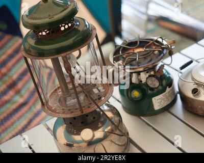 Old lamps and torches for camping. Stock Photo