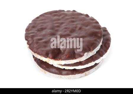 Puffed rice cakes with chocolate spread isolated on white Stock Photo