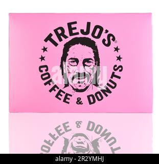 IRVINE, CALIFORNIA - 12 MAY 2023: A box of donuts from Trejos Coffee