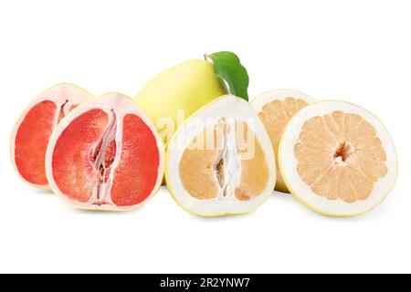 Cut and whole fresh pomelo fruits on white background Stock Photo
