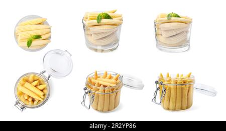 Set with tasty pickled baby corn on white background Stock Photo