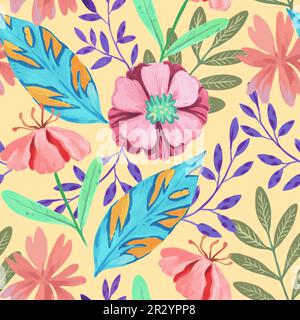 Seamless pattern with abstract pink flowers and various watercolor botanical elements. Hand drawn vector illustration. Stock Vector