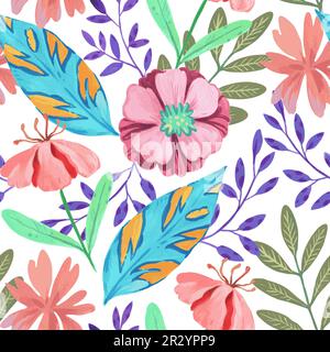 Seamless pattern with abstract pink flowers and various watercolor botanical elements. Hand drawn vector illustration. Stock Vector