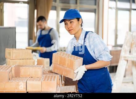 Builder carrying bricks while working in apartment Stock Photo