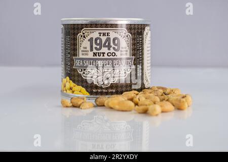 Can of 1949 Nut Co. brand of sea salt & pepper peanuts, a specialty peanut product. USA. Stock Photo
