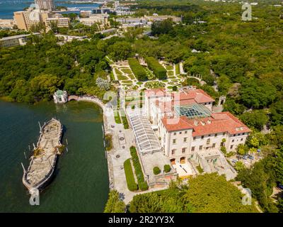 Miami, FL, USA - May 20, 2023: Aerial photo of Vizcaya Museum and Gardens historic landmark and tourist attraction Stock Photo