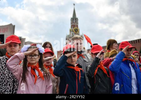 Moscow, Russia. 21st May, 2023. Members of the Russian Young Pioneers attend an induction ceremony on Red Square in Moscow, Russia, May 21, 2023. Credit: Alexander Zemlianichenko Jr/Xinhua/Alamy Live News Stock Photo