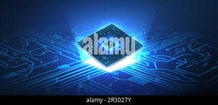 Computer chip. Microprocessor in digital hand on circuit board. Stock Vector