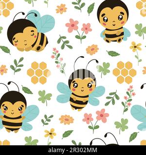 Funny bees and flowers seamless pattern. Vector naive characters in scandinavian hand-drawn cartoon style. Stock Vector