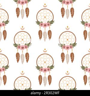 Vector ethnic seamless pattern. Native American dream catcher with feathers. Ethnic design,hand-drawn boho chic, tribal symbol. Stock Vector