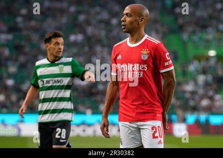 Lisbon, Portugal. 21st May, 2023. Pedro Goncalves from Sporting CP (L) and Joao Mario from SL Benfica (R) seen during the Portuguese Liga Bwin football match between Sporting CP and SL Benfica at Estadio Jose Alvalade. Final score: Sporting CP 2:2 SL Benfica Credit: SOPA Images Limited/Alamy Live News Stock Photo