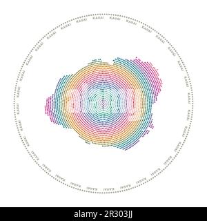 Kauai round logo. Digital style shape of Kauai in dotted circle with island name. Tech icon of the island with graduated dots. Stock Vector