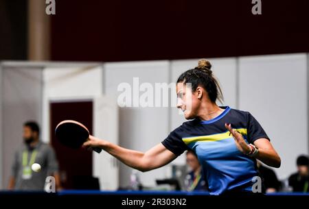 Durban, South Africa. 21st May, 2023. Sarah Jalli (R) of the United States  reacts during the women's singles first round match between Hayata Hina of  Japan and Sarah Jalli of the United