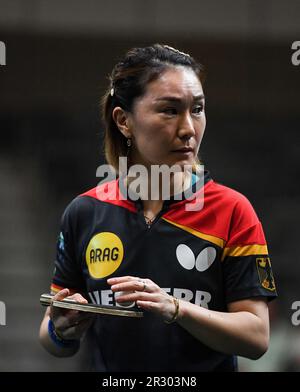 Durban, South Africa. 21st May, 2023. Sarah Jalli (R) of the United States  reacts during the women's singles first round match between Hayata Hina of  Japan and Sarah Jalli of the United