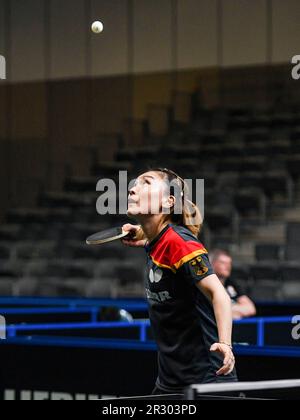 Durban, South Africa. 21st May, 2023. Sarah Jalli (R) of the United States  reacts during the women's singles first round match between Hayata Hina of  Japan and Sarah Jalli of the United