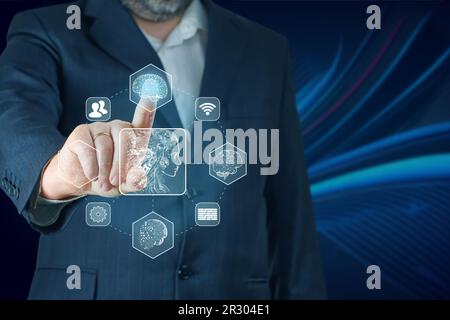 AI, Artificial Intelligence in smartphone. Chat bot interface, Futuristic technology robot in online Stock Photo